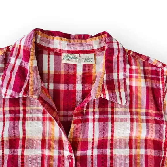 Y2K St Johns Bay Red Orange White Plaid Sleeveless Button Down Top Cotton 2X - Picture 2 of 8